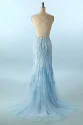 Blue Spaghetti Straps Prom Dress Backless Mermaid Evening Dress